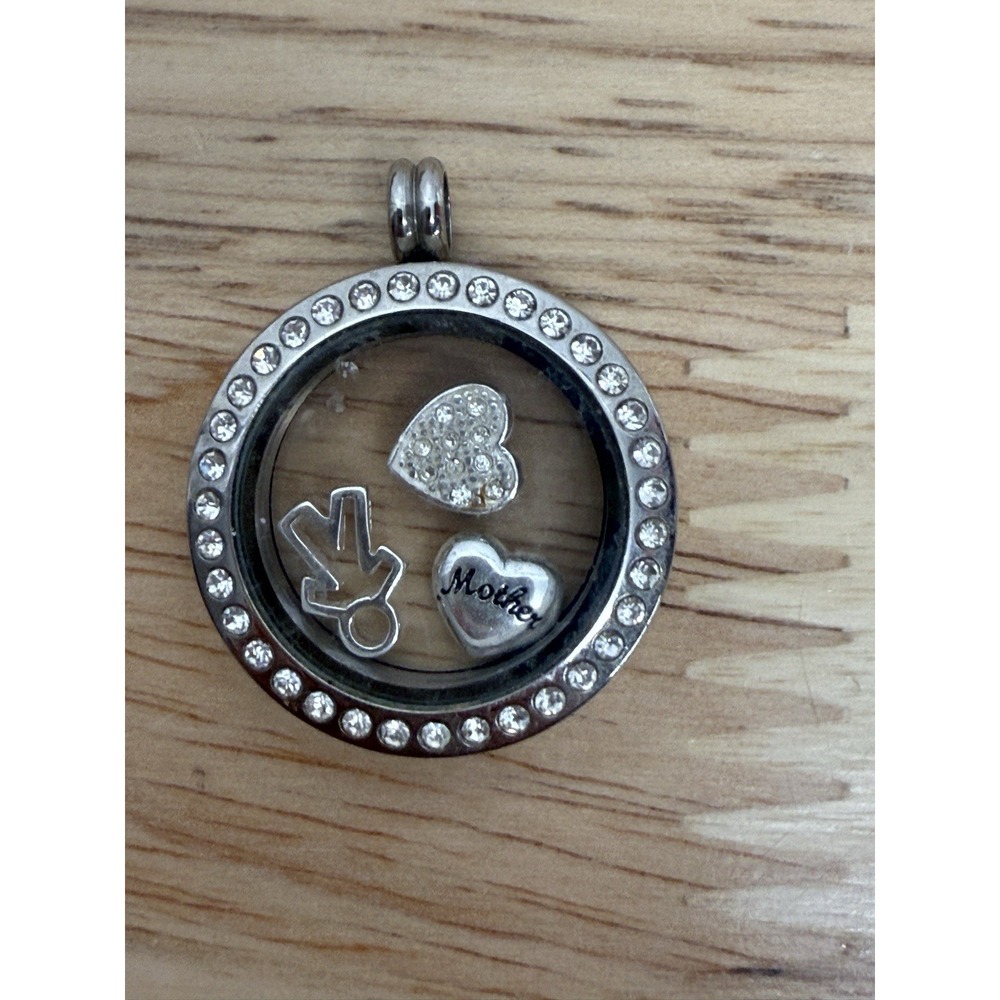 IBB FLOATING CHARM LOCKET PENDANT MOTHER CHILD HEART STAINLESS STEEL CRYSTALS